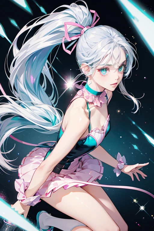 Kitty Kitty has glittering pale pink skin and teal eyes. She wears glittery silver headphones. She has glittery silver hair in a ponytail held by knotted section of hair. She also wears glittery silver flats. SPARKLE; GLITTER