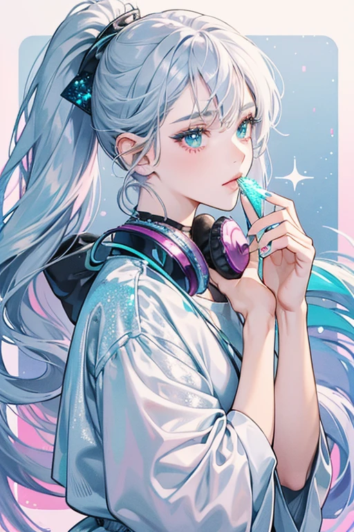 Kitty Kitty has glittering pale pink skin and teal eyes. She wears glittery silver headphones. She has glittery silver hair in a ponytail held by knotted section of hair. She also wears glittery silver flats. SPARKLE; GLITTER