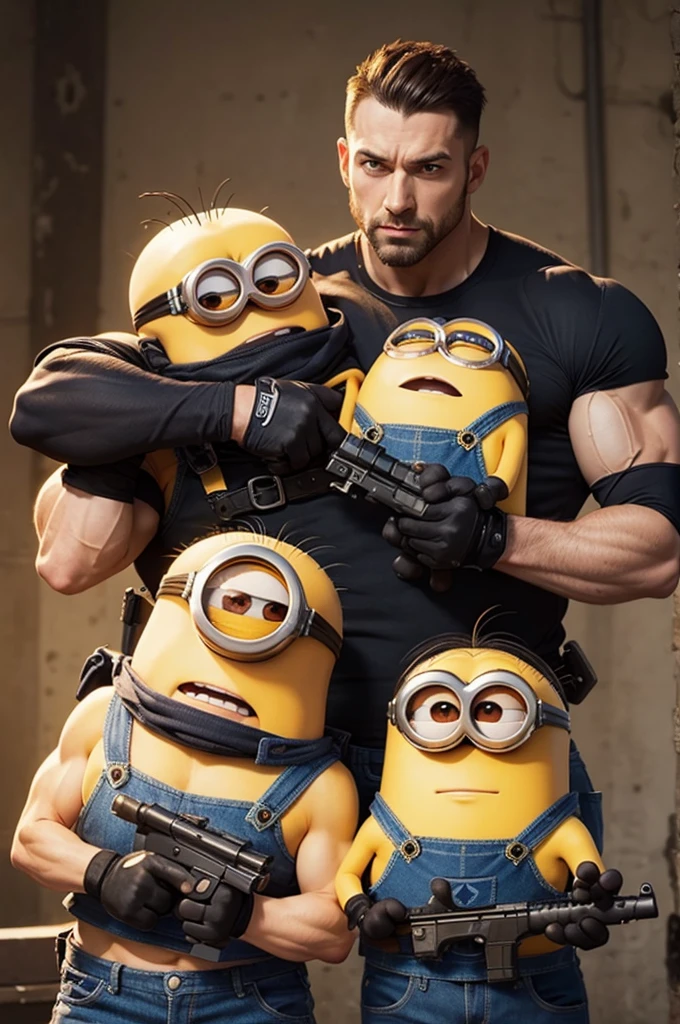 Minions with firearms and muscular physiques