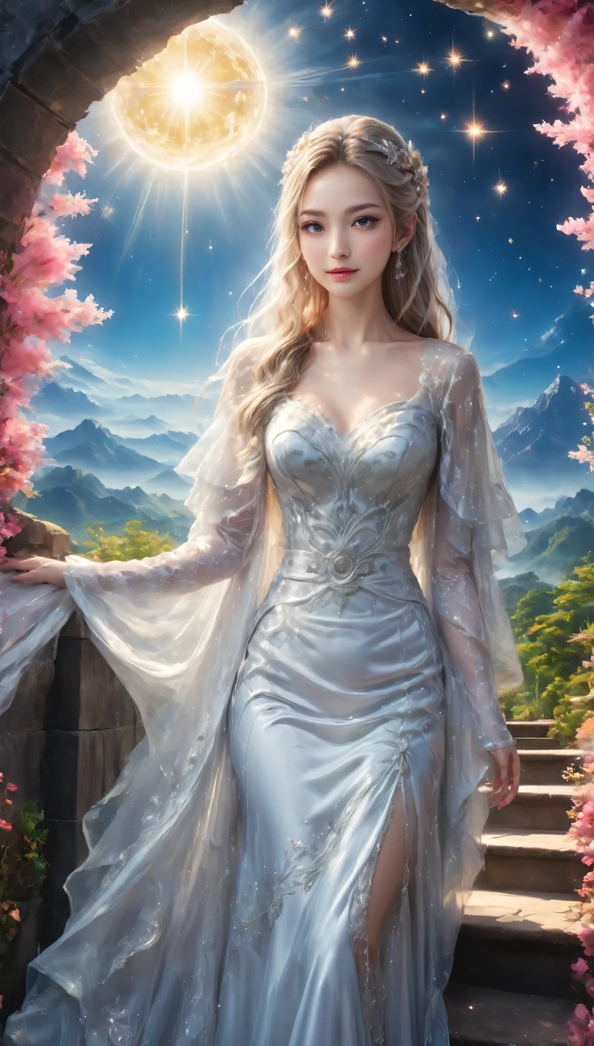 8K resolution, masterpiece, Highest quality, Award-winning works, unrealistic, final fantasy, Royal Jewel,Photorealistic Painting by Midjourney and Greg Rutkowski, , elegant, Very detailed, Delicate depiction of hair, miniature painting, Digital Painting, Art Station, Concept Art, Smooth, Sharp focus, shape, nature, One Thousand and One Nights, A strip of light pouring down from the sky, A pillar of light stretching to the sky, Complex colors, Buddhist Mandala, Colorful magic circle, flash, Large spiral staircase, Mysterious Background, Aura, A gentle gaze, BREAK, Small faint lights and flying fireflies, night, lanthanum, royal palace, Starry Sky, milky way, nebula, shooting star, Flowers, birds, wind and moon, View from behind, erotic, sole sexy lady, healthy shaped body, Anatomically accurate skeleton, 22 years old, bride, (Climbing the stairs, Back view, Looking back towards the camera:1.6), 170cm tall, huge firm bouncing busts,, white silver long wavy hair, Detailed facial depictions, Break, Mysterious blue eyes, Standard nose, Eyeliner, pink lips, sexy long legs, Transparent and shiny skin, bride, Gothic ruffle sexy long silk wedding dress, super long cape, A dress with a complex structure, Pure white dress,, royal coat of arms, ,, dynamic sexy poses, A kind smile,