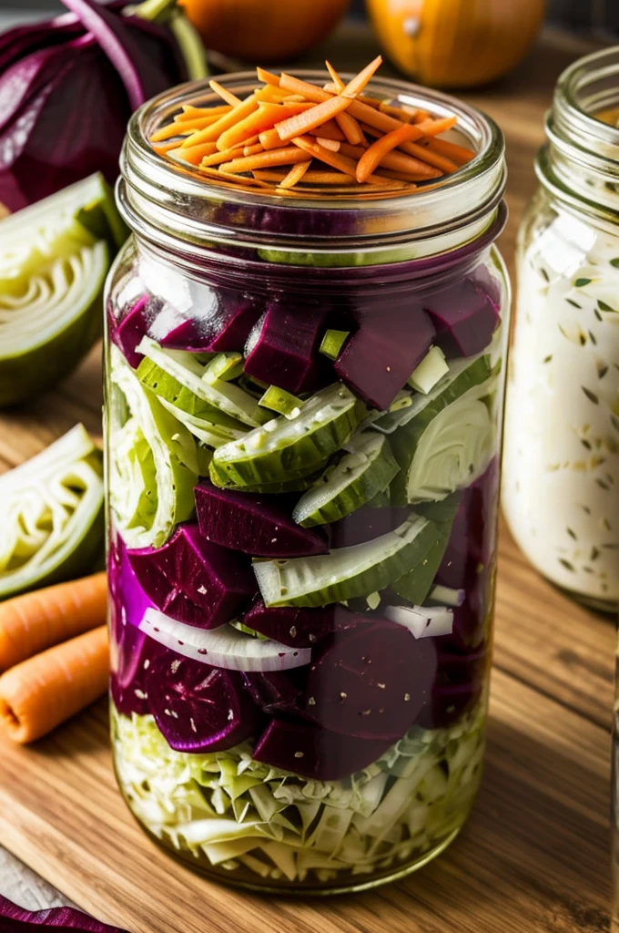 Jar of very tasty pickle with onion, cabbage, beet, Carrots, chiles, no pickles