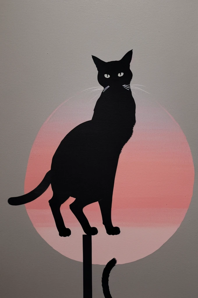 Create a painting of the silhouette of a cat in gray and pink colors
