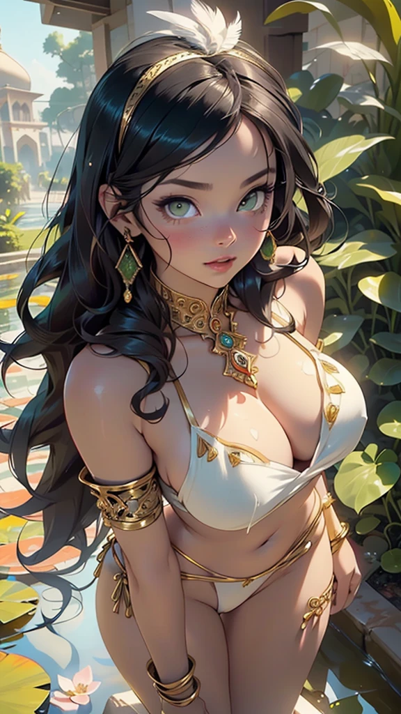 (((Mata Hari))),1girl,
(large breasts:1.4),((((black hair,very long, curly and shiny hairstyle)))),(((green_eyes:1.3))),intricate eyes,beautiful detailed eyes,symmetrical eyes,((((lustrous skin:1.5,tanned skin,bright skin: 1.5,skin tanned,shiny skin,very shiny skin,shiny body,Reflective skin)))),(spider lower abdomen,narrow waist,wide hip,athletic body,inflated legs,thick thighs,(detailed face)),beautiful detailed lips,((beautiful face)),good anatomy,
cute,slutty,sensual,seductive look,seductive,((erotic)),opulent,sumptuous,((nsfw)),
((huge and exotic indian crown:1.5, with feathers, jewels and exotic ornaments)),incredibly beautiful belly dancer in traditional clothing full of intricate rhinestone details,indian milf,huge tits,naked belly dancer,huge breasts, (wide hips: 1.3),narrow waist,jewelry,flower,earrings,necklace,bare shoulders,bracelet,transparent gold mini bikini,flower white,gem,flower in possession,highly detailed indian skin,
(flirtatious pose:1.3), looking at viewer,embarrassed,centered,scale to fit dimensions,Rule of thirds,
outdoors,(indian palace,indian palace background,pyramids in the background),scenery,(oasis,oasis background),extremely scenery,(puddles everywhere,moss,moss on the background),clouds,indian style,indian castle,lily pads,palms,reeds,(sunset, golden hour),
(Glossy indian ornaments),highres,sharp focus,(ultra detailed,extremely detailed),(photorealistic artwork:1.37),(extremely detailed CG unity 8k wallpaper),(((vibrant colors,vibrant theme))),(intricate),(masterpiece),(best quality),artistic photography,(photography taken by sldr),(intricate background),perfect rendered face,perfect face details,realistic face,photo realistic,((intricate detail)),(((realism))),