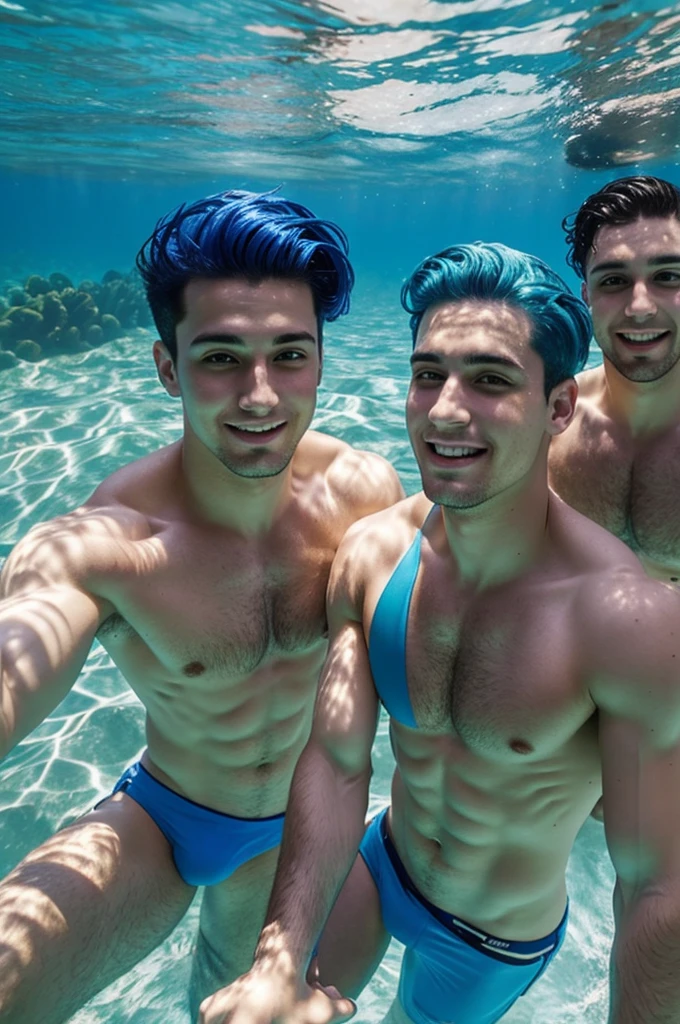 Eric the boyz underwater taking a selfie in blue swimwear no shirt blue hair