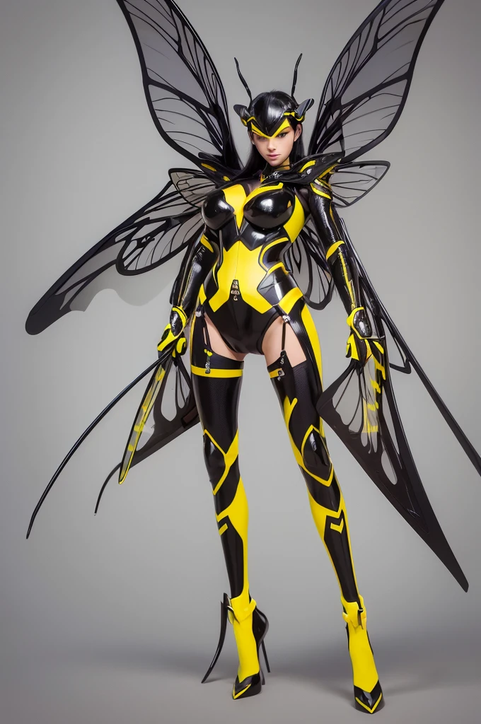 perfect human girl body, firm breasts, big breasts with
Wasp Elements:
"At:
Two transparent membranous wings that extend from the shoulder blades, similar to those of a wasp. The wings are black with bright yellow stripes.
Antennas:
Two long, thin antennae extending from the forehead, similar to those of a wasp. The antennae are black with yellow tips."
Ant elements:"Legs:
Six strong, muscular legs, similar to those of an ant. The legs are black with yellow joints.
Jaws:
Strong and sharp jaws, similar to those of an ant. The jaws are black.
Antennas:
Two short, thick antennae extending from the mandibles, similar to those of an ant. The antennae are black with yellow tips.