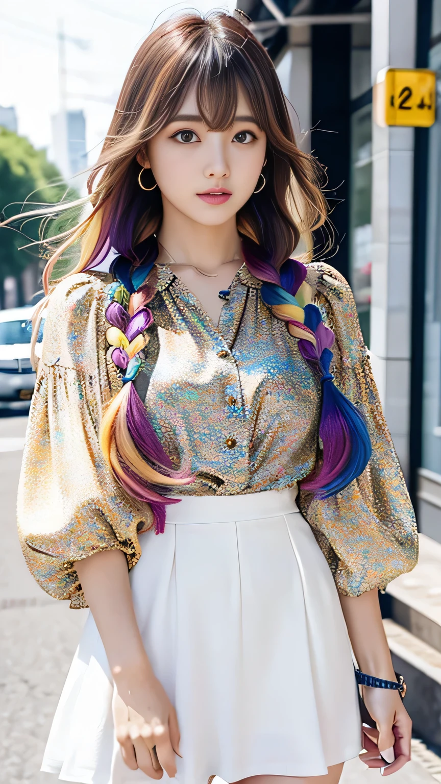 Multicolored hair color、Bangs on the face、Bangs between the eyes、A strong wind blows my hair in front of my face、Beautiful big sparkling eyes, Cute eyes hidden by long bangs、Yawn、No visible nasolabial folds、Short micro mini skirt、Multicolored patterned blouse、20-year-old、Blonde French braid hair