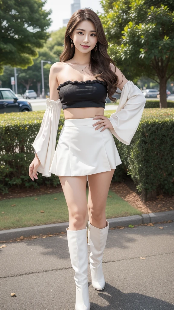 (Brown layered wavy hair),Heavy makeup、(18 year old,Japanese):1.2、8K, Seductive smile,tall:1.4、a small face、Nikon Z 85mm, ((Best Quality)) ,((masterpiece)), intricate detailes, Professional, Realistic, Photorealistic、 ((Strapless,Baretop midriff,Sexy mini skirt)):1.2、(Walking in the park):1.2, large earring、(White Stretch knee boots with high stiletto heels、Pointed toe):1.2、Full body shot