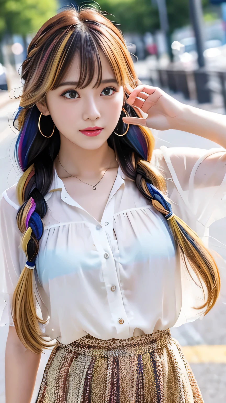 Multicolored hair color、Bangs on the face、Bangs between the eyes、A strong wind blows my hair in front of my face、Beautiful big sparkling eyes, Cute eyes hidden by long bangs、Yawn、No visible nasolabial folds、Short micro mini skirt、Multicolored patterned blouse、20-year-old、Blonde French braid hair