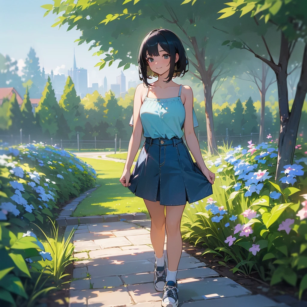 (high quality, High resolution, Very detailed, reality:1.37), Peaceful atmosphere, (Outdoor, garden), Teenage girl standing alone, (my breasts are big.), Beautiful details, Cute Smile, (Black bob hair), camisole, Denim skirt, Blue socks, sneakers.