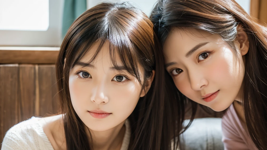 Ultra-realistic、high resolution、High resolution 8K photo-realistic images。A scene showing two Japanese sisters with completely different looks together。My sister has big breasts, a beautiful face, and long black hair.、Gentle eyes、With an elegant atmosphere。My sister is short and has short brown hair.、Lively expression、She has a baby face and big breasts and wears casual clothes.。The background is a sunny living room、Warm natural light pours in。The details of both faces are clearly visible.、So that each individual's personality stands out。Create a photo book-like page layout。