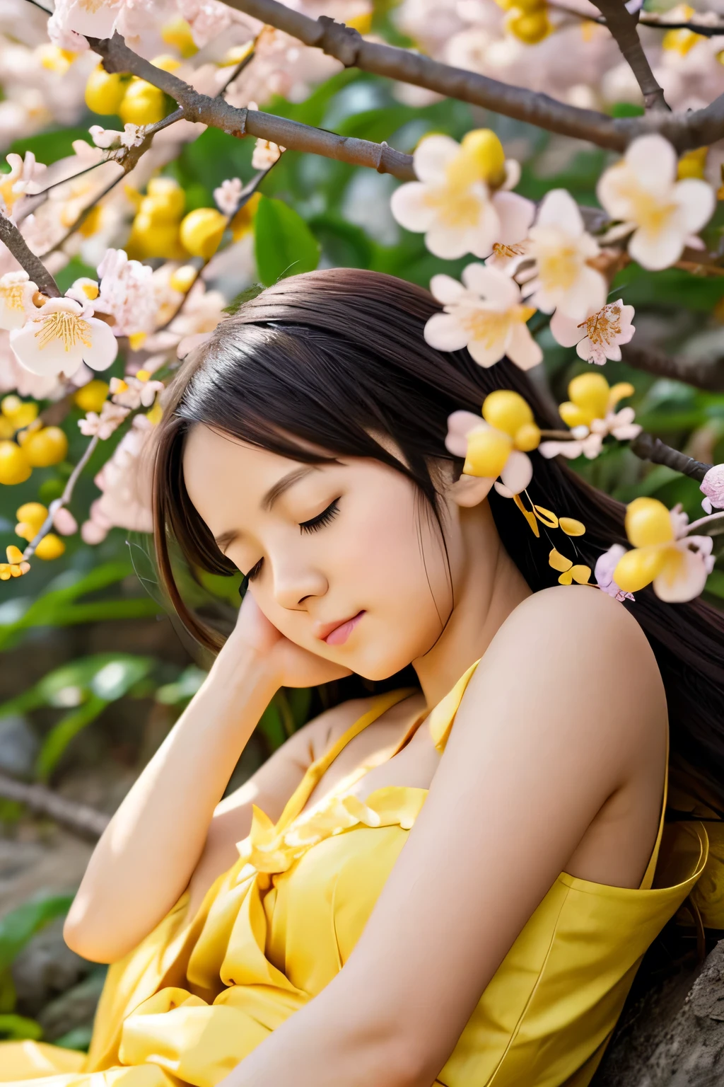 fantasy anime girl sleeping on yellow plum blossoms with petals falling around 
