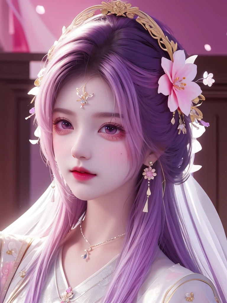 best quality, masterpiece, High target, There is a girl with a basket of flowers on her head, beautiful clothes, Hair Decorationss, necklace, Decorations, Pretty Face, When the body, Tyndall effect, Realistic Portraits, Edge lighting, Two-color light, (Very delicate skin:1.2), 8K uhd, Digital SLR Camera, Soft Light, high quality, Volumetric Lighting, Honest, photo, high resolution, 4K, 8K, Bokeh, black hair,purple hair ends, Pink Eyes.