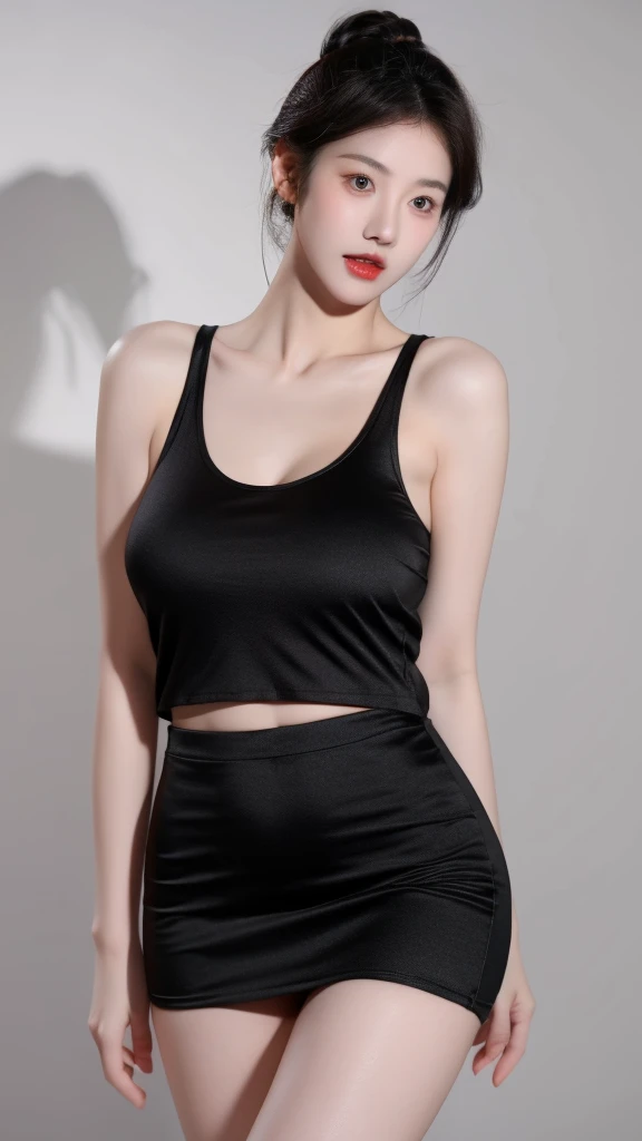 (lifelike,high resolution:1.3), slim girl, The face shape and eyes are really delicate.,black hair,red glossy lips,(beautiful face), (best quality), (very detailed), (very detailed CG 통합 8k 벽지),(Black Tank Top),(white background),(a little cleavage),(model photo),sexy look,big eyes,(standing),(short skirt),eyes looking at the audience,huge breasts,really realistic big tits,soft chest,character center,black hair,model pose,