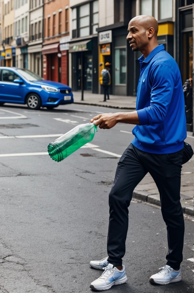 Animated man picking up a plastic bottle on the street 