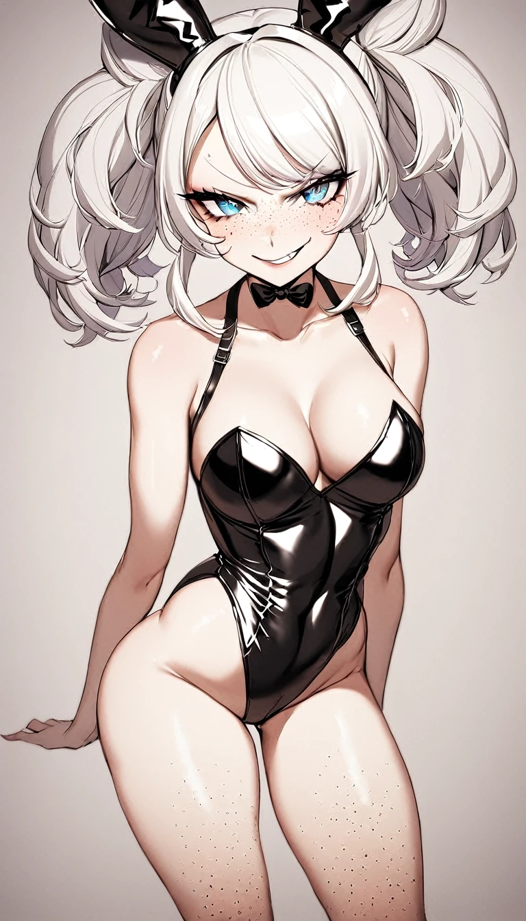 1 Girl, Bunny Girl Style, Bunny Girl Uniform, Medium Breasts, Blue Eyes, Platinum White Hair, Twin Tail Hair Style, Pale White Skin, Smooth Skin, Face Freckles, Leather Straps on Thighs, Nice Cleavage, Slutty, Sexy, Sassy, Smirking, Tease, Teasing