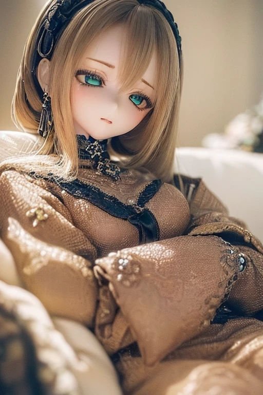 photorealistic, realistic photo, ((highest quality)), ((masterpiece)), (extremely detailed), kukolnydom, doll, (mature woman:1.6), solo, sitting on sofa, green eyes, (reclining on sofa, looking away, blank eyes, empty eyes, detailed eyes:1.3), (light smile), dress, museum, 8k