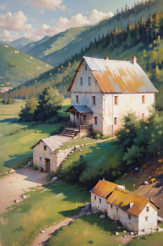 Mountain landscape impression | vintage oil painting, (OLD FARM HOUSE) AERIAL VIEW OF MINAS GERAIS - SUNSET