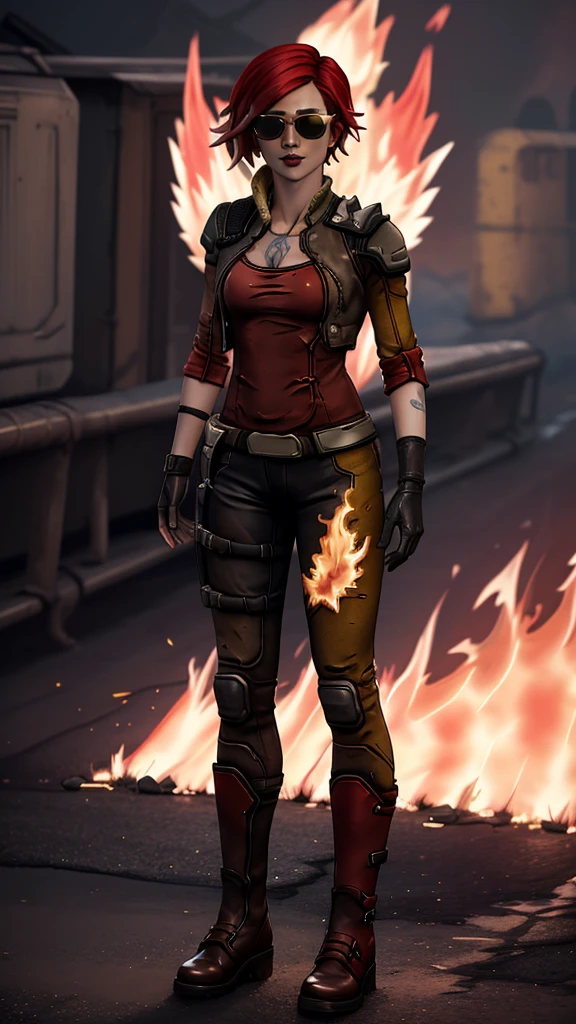 ((full body photo, standing, on the ground)) nice hands, perfect hands,  ((masterpiece)), (best quality:1.7),  lilith (borderlands), short hair, red hair, white strand hair, yellow eyes, arm tattoo, full body shot (((sexy, red leather suit, black combat boots with spikes, sunglasses, flames)))