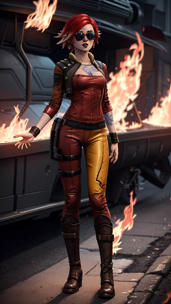 ((full body photo, standing, on the ground)) nice hands, perfect hands,  ((masterpiece)), (best quality:1.7),  lilith (borderlands), short hair, red hair, white strand hair, yellow eyes, arm tattoo, full body shot (((sexy, red leather suit, black combat boots with spikes, sunglasses, flames)))