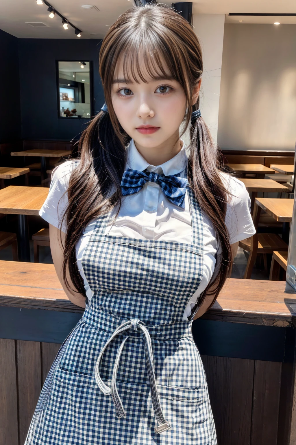 (8K, RAW Photos, Highest quality, masterpiece:1.2), masterpiece, super detailed, super high quality, (Realistic and photorealistic photography:1. 37), High-resolution RAW color photos, Very delicate and beautiful, highly detailed, 8k wallpaper, wonderful, detailed, Very eye, very detailed, very detailed skin, very thin fingers, very detailed nose, very detailed mouth, Perfect Anatomy, BREAK,18 year old girl, (low ponytail:1.3), Dark makeup, Big Natural Color Lip, (double-breasted,underbust:1.2), (Plumpy body:1.2), (smooth skin:1.1), dynamic pose, (breasts:1.2), BREAK, (gingham-check suspender-apron:1.3), (solid-blue high-waist skirt:1.3), (apron over skirt:1.2), (white blouse:1.3), short sleeves, button gap, (solid-blue bow-tie:1.2 BREAK, cafe, restaurant,