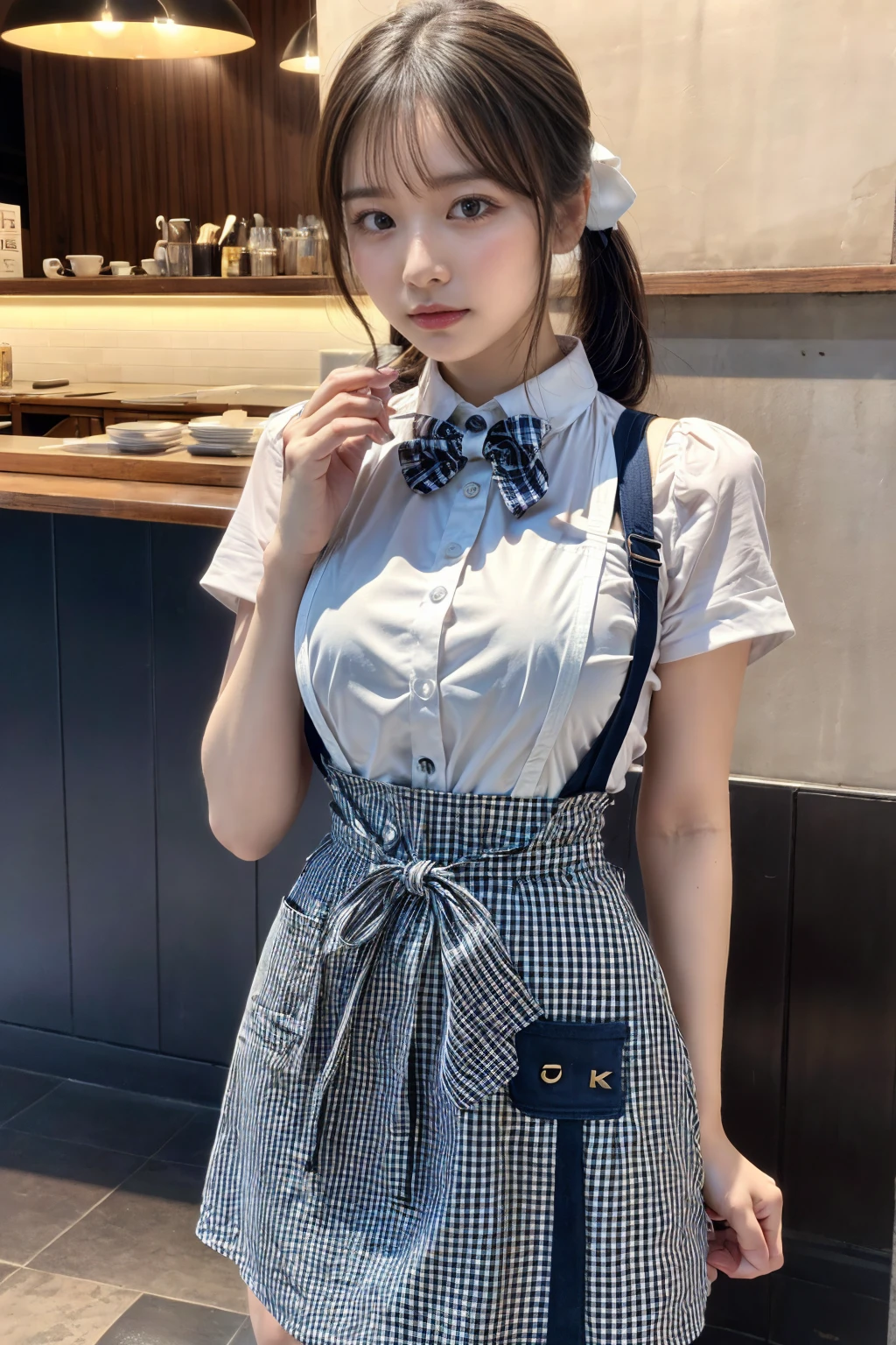 (8K, RAW Photos, Highest quality, masterpiece:1.2), masterpiece, super detailed, super high quality, (Realistic and photorealistic photography:1. 37), High-resolution RAW color photos, Very delicate and beautiful, highly detailed, 8k wallpaper, wonderful, detailed, Very eye, very detailed, very detailed skin, very thin fingers, very detailed nose, very detailed mouth, Perfect Anatomy, BREAK,18 year old girl, (low ponytail:1.3), Dark makeup, Big Natural Color Lip, (double-breasted,underbust:1.2), (Plumpy body:1.2), (smooth skin:1.1), dynamic pose, (breasts:1.2), BREAK, (gingham-check suspender-apron:1.3), (solid-blue high-waist skirt:1.3), (apron over skirt:1.2 (white blouse:1.3 short sleeves, button gap, (solid-blue bow-tie:1.2 BREAK, cafe, restaurant,