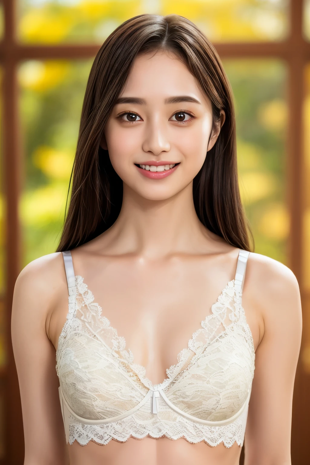 (realistic, photo-realistic:1.4), (best quality,masterpiece:1.2), RAW photo,high resolution,intricate details, extremely detailed, insanely detailed, soft light, cinematic lighting, (portrait, upper body, frontal photography:1.5), solo,1girl, a 19yo female idol, (lace bra, panties, collarbone, navel:1.8), (smaller breasts, tiny breasts, flat chest, poor size bust:1.7), (smaller face:1.4),detailed face, beautiful detailed eyes, pale skin, fine-textured skin,dark hair,(straight hair, forehead:1.3), (cheerful grin, smile, parted lips), photo background,indoors,depth of field,,[Nagi Inoue, Nogizaka46 5th generation],