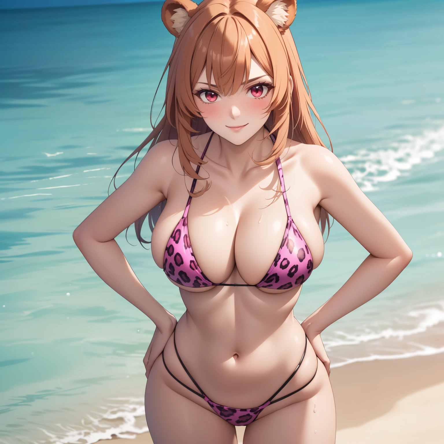 Woman 30 years old, orange hair , red eyes like rubies, sharp eyes, cocky smile, smug expression,, bear ears, big breasts, pink jaguar design bikini , drops of water on his chest, background a beach. big breasts, playa tropical, blush. whole body. hands on hips. hands on hips. pose sexy.