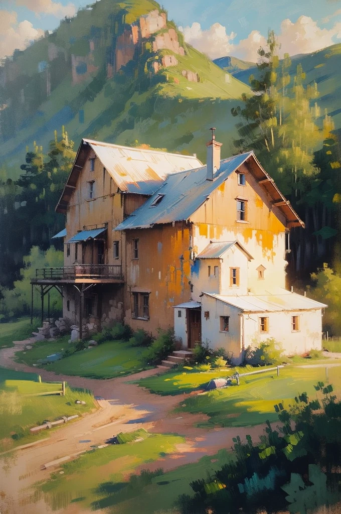 Mountain landscape impression | vintage oil painting, (OLD FARM HOUSE) AERIAL VIEW OF MINAS GERAIS - SUNSET