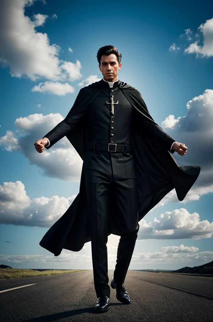 Priest with his black suit and cape that moves in the wind
