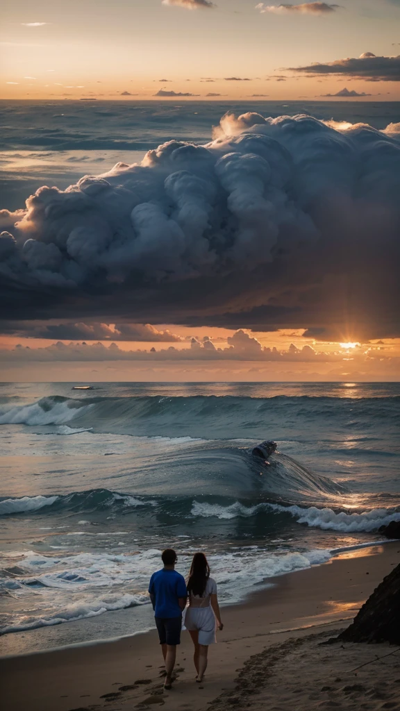 whales are flying in the clouds, dusk, below there is a beautiful beach, a couple is walking and enjoying the view, realistic 8k