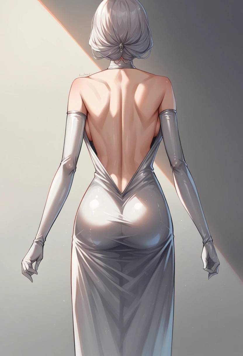 Женщина in a silver dress держит деньги и позирует, skinfitting dress, fitting dress, in a silver dress, sexy dress, tight outfit, unusual silver dress, Platinum Robe, Chrome-plated bodysuit, expensive voluminous dress, backless dress, back view, expensive outfit, latex dress, view from the back, plunging dress, Satin silver, tight outfit