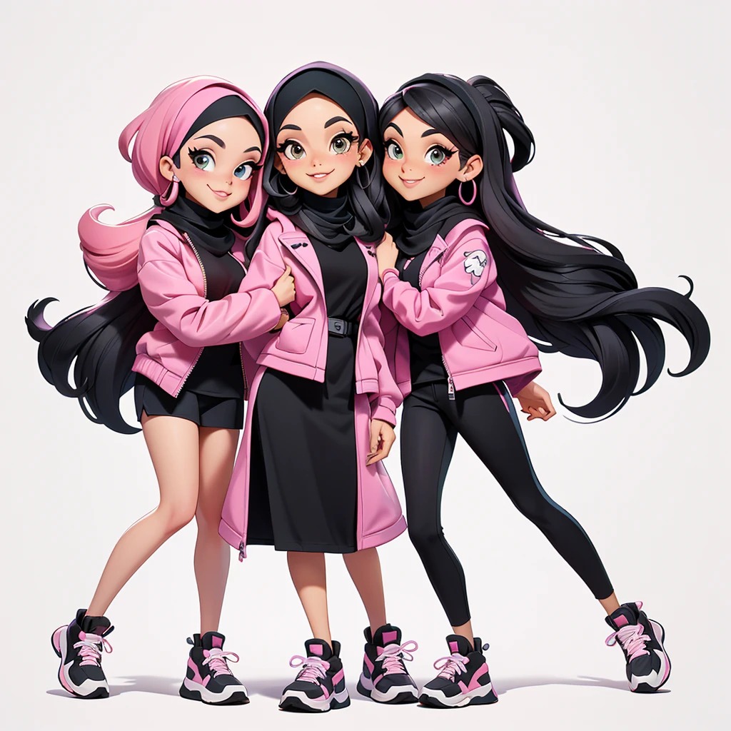 cartoon of three women with black hijab in pink jacket and black training white shoes with a white background, caricature illustration, official illustration, three head one body, 3 heads, the three moiras, charactor, caricature!!!, cartoon image, caricature style, style of cartoon, official print, potrait, in cartoon style, chibi, detailed cartoon, fanart
