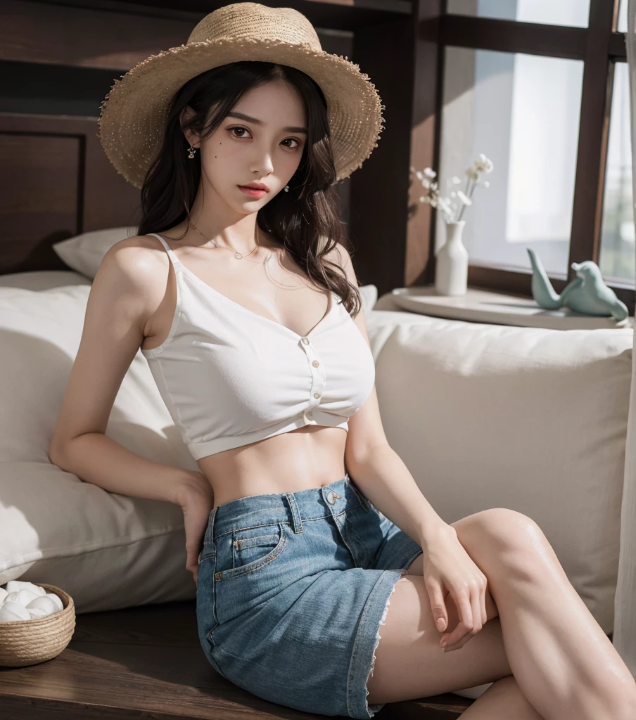 ((((absurdres, RAW photo, extremely delicate and beautiful, masterpiece, Best Quality, ultra high resolution, 32k, hyperrealistic, ultra-detailed)))), in her 20s, very Slim body, narrow waist, very small head, very small face, delicate facial features, beautiful face, beautiful eyes, ((((very huge round tits)))), medium hair, black hair, wavy hair, tearful mole, earring, ((full body shot)), casual, blouse, white shirt, buttoned shirt, bare shoulders, collarbone, midriff, navel, shorts, straw hat,