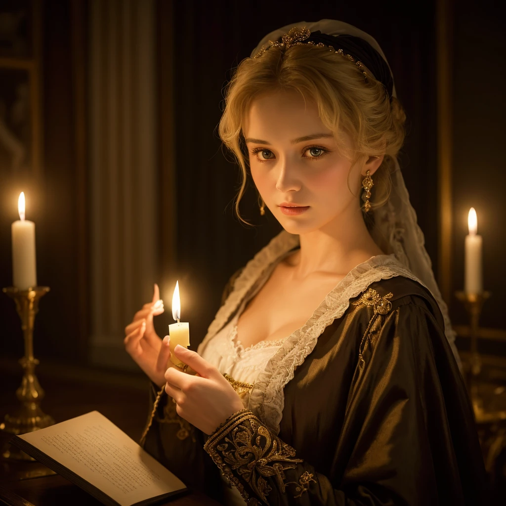 A depiction of Anna Karenina, the beautiful and tragic heroine from Leo Tolstoy's classic novel. dressed in a luxurious 19th-century Russian gown with intricate details. Her expression should convey a mix of deep emotion and inner turmoil.
High resolution illustrations, High Contrast, Highly detailed skin texture, Ultra-realistic skin texture, 16K, Ultra-high resolution, Digital SLR, born, Ultra-high resolution.Realistic, sharp, Dramatic lighting with rich colors and highly realistic lifelike textures, Unreal Engine, a hot topic on Art Station, Cinestill 800, From wlop,British white woman,Age: 17,Natural blonde, Vintage Neoclassicism, beautiful, Candlelight, 超sharpなフォーカス, Realistic shots, Regency Women's Clothing, Quartic colors (scar:1.4) ,(8K), (highest quality: 1.2), (realistic), (realistic: 1.37), ultra high resolution, 1 girl, cute, smile, closed mouth, beautiful details, beautiful nose, whole body,