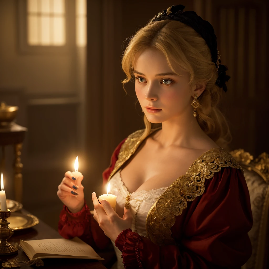 A depiction of Anna Karenina, the beautiful and tragic heroine from Leo Tolstoy's classic novel. dressed in a luxurious 19th-century Russian gown with intricate details. Her expression should convey a mix of deep emotion and inner turmoil.
High resolution illustrations, High Contrast, Highly detailed skin texture, Ultra-realistic skin texture, 16K, Ultra-high resolution, Digital SLR, born, Ultra-high resolution.Realistic, sharp, Dramatic lighting with rich colors and highly realistic lifelike textures, Unreal Engine, a hot topic on Art Station, Cinestill 800, From wlop,British white woman,Age: 17,Natural blonde, Vintage Neoclassicism, beautiful, Candlelight, 超sharpなフォーカス, Realistic shots, Regency Women's Clothing, Quartic colors (scar:1.4) ,(8K), (highest quality: 1.2), (realistic), (realistic: 1.37), ultra high resolution, 1 girl, cute, smile, closed mouth, beautiful details, beautiful nose, whole body,
