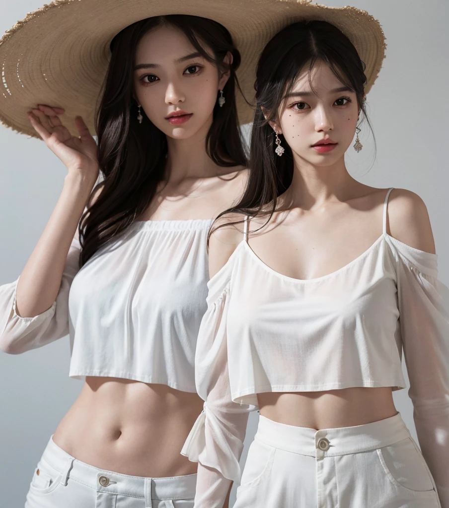 ((((absurdres, RAW photo, extremely delicate and beautiful, masterpiece, Best Quality, ultra high resolution, 32k, hyperrealistic, ultra-detailed)))), in her 20s, very Slim body, narrow waist, very small head, very small face, delicate facial features, beautiful face, beautiful eyes, ((((very huge round tits)))), medium hair, black hair, wavy hair, tearful mole, earring, ((full body shot)), casual, blouse, white shirt, buttoned shirt, bare shoulders, collarbone, midriff, navel, shorts, straw hat,
