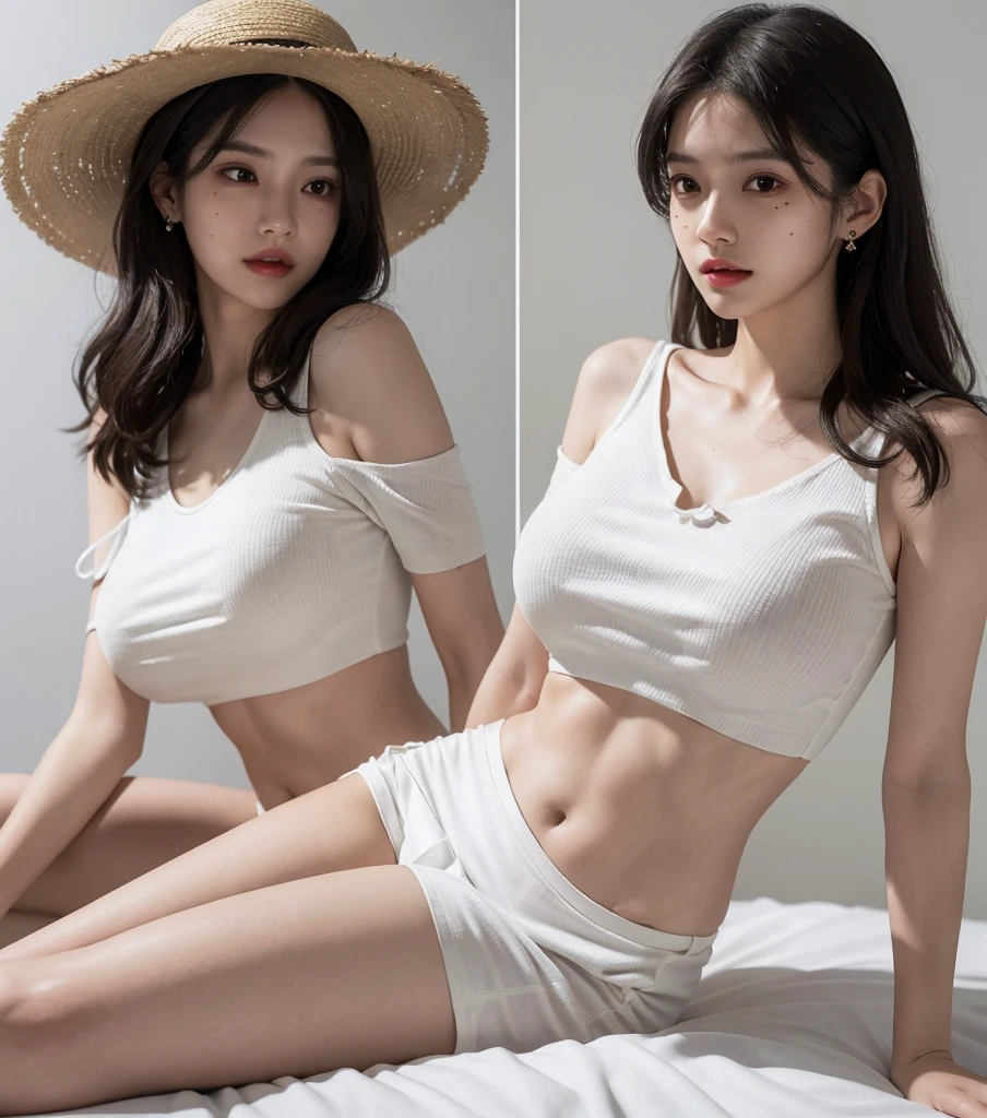 ((((absurdres, RAW photo, extremely delicate and beautiful, masterpiece, Best Quality, ultra high resolution, 32k, hyperrealistic, ultra-detailed)))), in her 20s, very Slim body, narrow waist, very small head, very small face, delicate facial features, beautiful face, beautiful eyes, ((((very huge round tits)))), medium hair, black hair, wavy hair, tearful mole, earring, ((full body shot)), casual, blouse, white shirt, buttoned shirt, bare shoulders, collarbone, midriff, navel, shorts, straw hat,