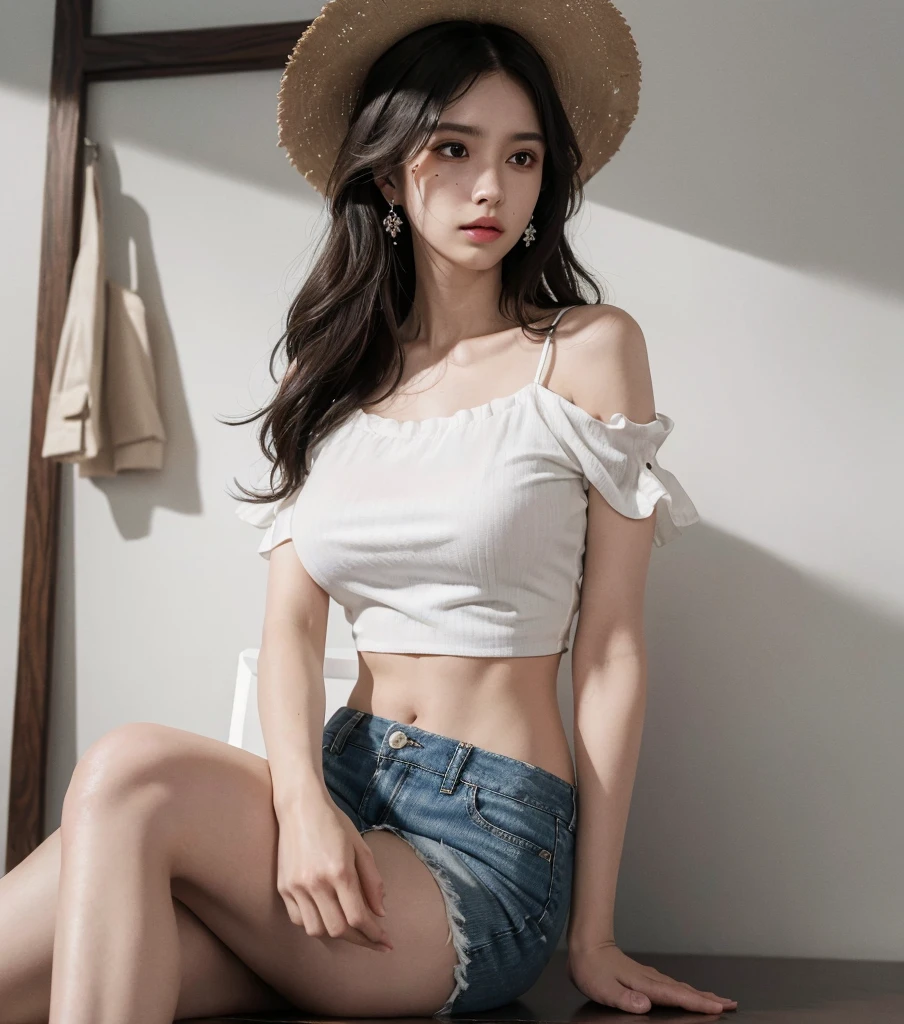 ((((absurdres, RAW photo, extremely delicate and beautiful, masterpiece, Best Quality, ultra high resolution, 32k, hyperrealistic, ultra-detailed)))), in her 20s, very Slim body, narrow waist, very small head, very small face, delicate facial features, beautiful face, beautiful eyes, ((((very huge round tits)))), medium hair, black hair, wavy hair, tearful mole, earring, ((full body shot)), casual, blouse, white shirt, buttoned shirt, bare shoulders, collarbone, midriff, navel, shorts, straw hat,