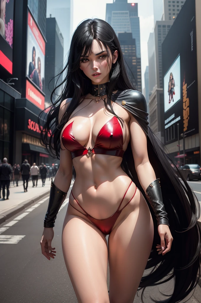 Na Time Square de Nova York, Vampirella is portrayed as an extremely attractive woman with long black hair, pale skin and mesmerizing red eyes. She wears a revealing outfit, which consists of a red bikini and a cape, combining sensuality with gothic elements, She is often portrayed as a strong, Independent and determined character. She is a skillful and courageous beauty., facing many supernatural enemies and dangerous situations, she has a heroic streak. She fights to protect humanity from supernatural threats and evil villains., Using your vampire abilities to fight evil. The complexities make her an intriguing and multifaceted figure. (best qualityer: 1.0), (ultra high resolution: 1.0), highly detailed face and eye, (photorrealistic: 1.2)