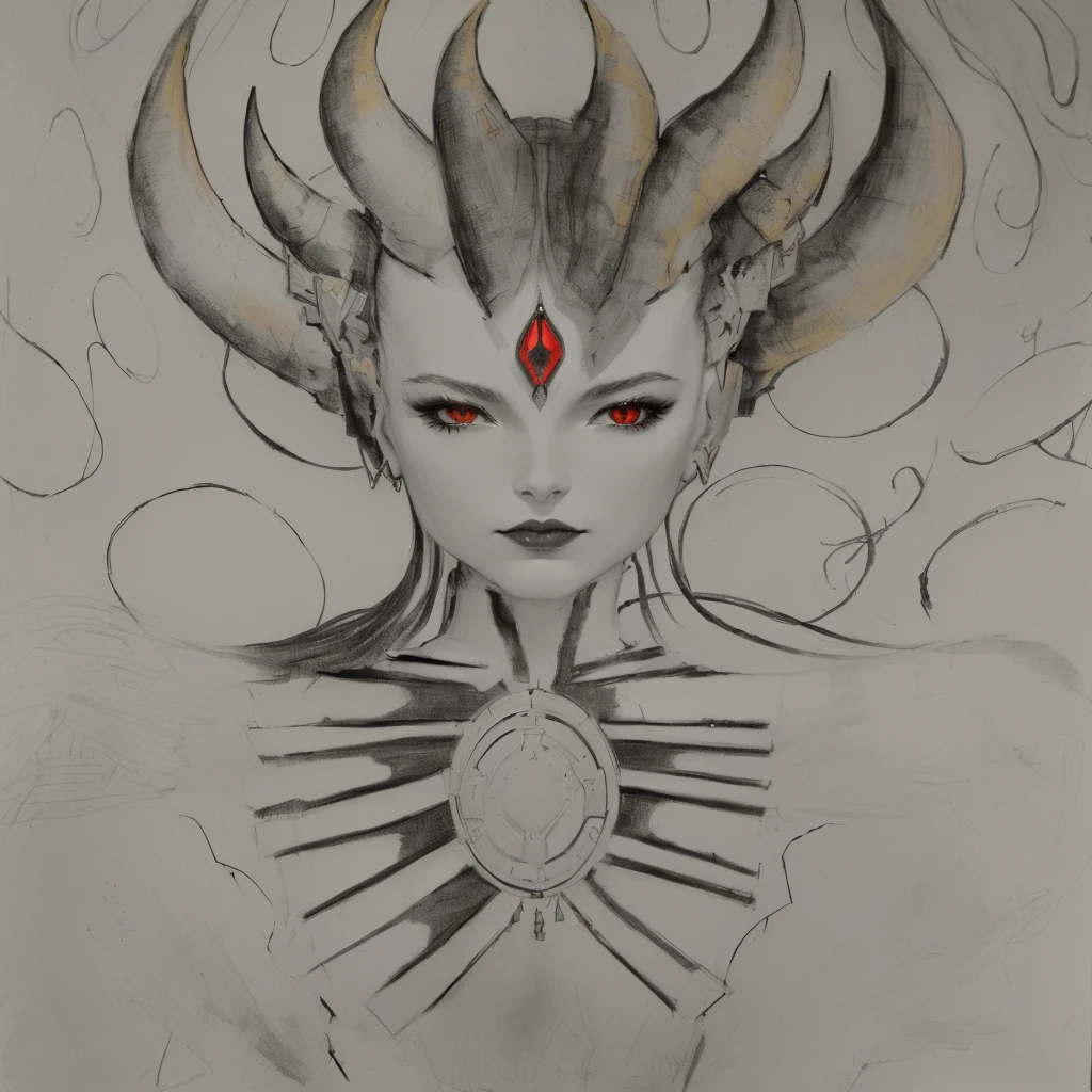 drawing of a woman with horns and red eyes, inspired by Leonor Fini, alien woman, Portrait of a shaman robot, inspired by Remedios Varo, goddess of space and time, portrait of a cosmic goddess, inspirado em Amanda Sage, portrait of a cyborg queen, inspired by Austin Osman Spare, inspired by Martin Schongauer