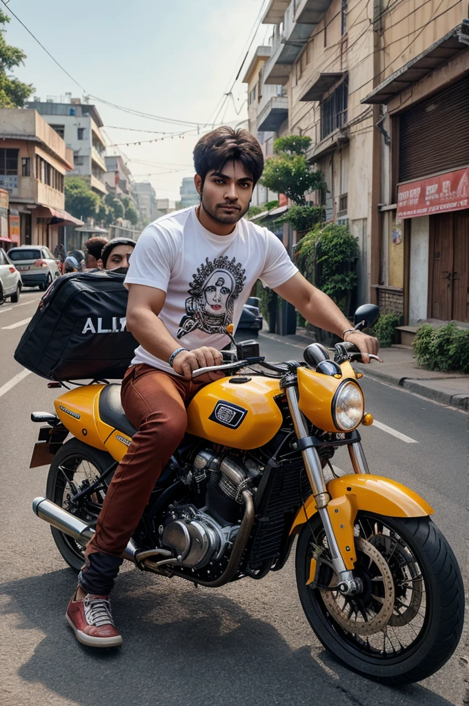 create high quality realistic image, a 20 year old boy driving bullet bike, boy wearing saffron tshirt with "ALOK
" boldly written in white on it, "JAI SHREE RAM" written on broad number plate, a clear hindu saffron flag is fixed on bike also cute lord rama face is printed on flag, some other young bikers and cars holding saffron flag are behind him, environment is gorgeous, background featuring street, high quality, hyper realistic, ultra detailed, 4k