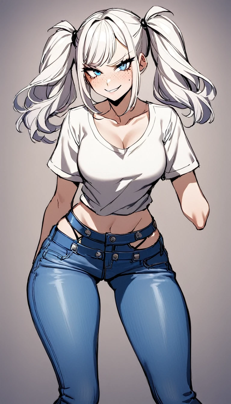 1 Girl, Full Jeans that cover legs, Baggy T Shirt, Medium Breasts, Blue Eyes, Platinum White Hair, Twin Tail Hair Style, Pale White Skin, Smooth Skin, Face Freckles, Leather Straps on Thighs, Nice Cleavage, Slutty, Sexy, Sassy, Smirking, Tease, Teasing