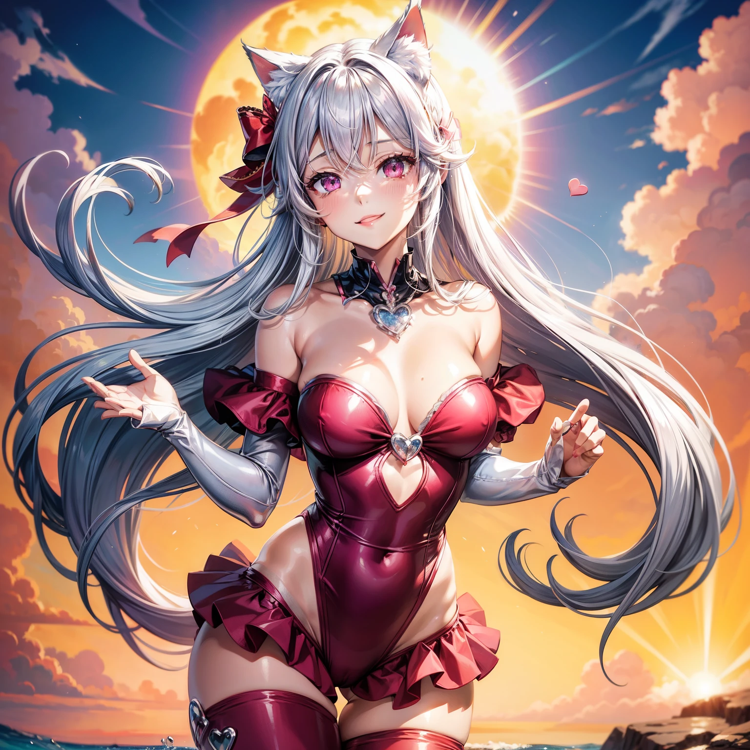 Silver hair, pink eyes, woman, sun and cloud background, red clothes, hair bows, happy face, mermaid outfit, sexy, cat ears, hearts, floating hearts, thigh up, thigh high tights