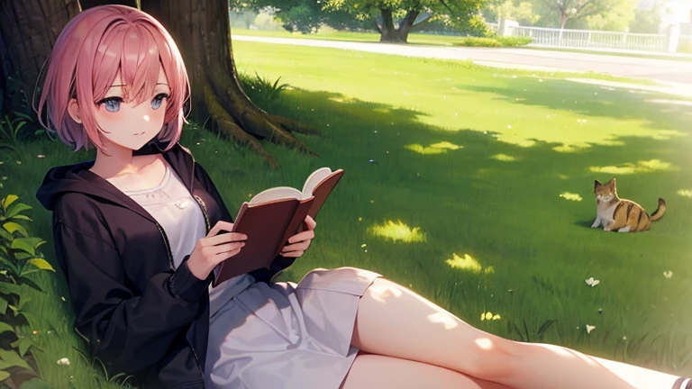 15 year old girl, short-hair, slightly pink, sitting `the shadow of a tree in the park, reading a book with your cat sleeping next to you.