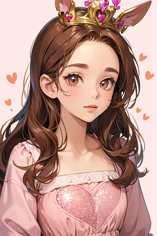 Girl, long wavy brown hair, brown eyes, soft sharp features, white skin, pink lips, pink shirt