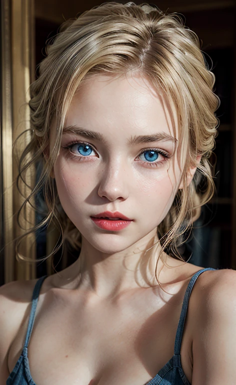 beautiful blonde girl, with striking blue eyes and red lips. realistic photo, Masterpiece