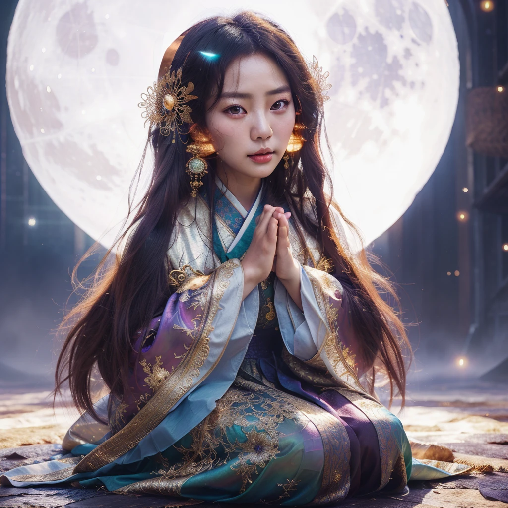a cute Korean large-eyed woman prays, glossy and shiny skin, slight smile, full body, kneeling, long hair, hands on ground, beautiful detailed medieval clothes, dark moody quality, fantasy art, digital art, delicate lines and textures, pretty, full moon, unrealistic iridescent sky landscape, magical substances,
fantastic landscape, surrealism, cinematic, vivid colors, rich colors,
light and shadow, three-dimensional lighting, combination of various colors
and shades, a lively