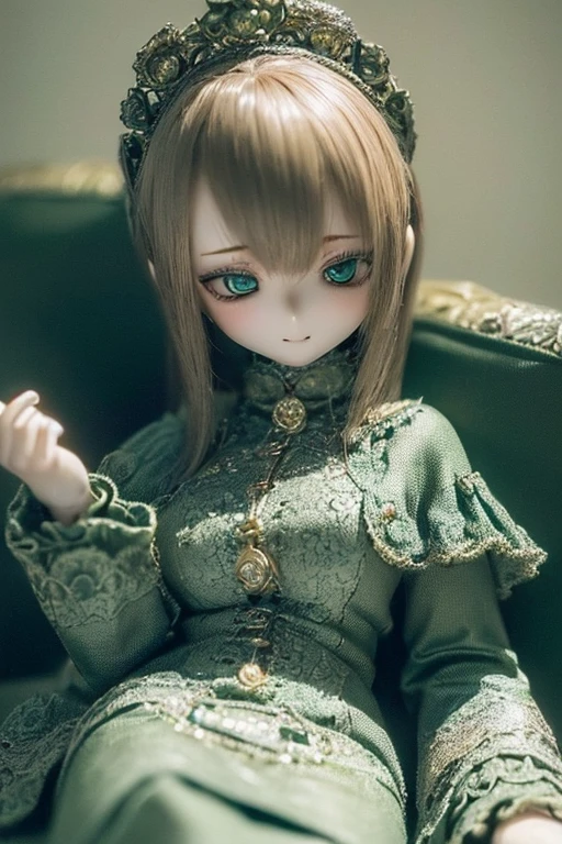 photorealistic, realistic photo, ((highest quality)), ((masterpiece)), (extremely detailed), kukolnydom, doll, (mature woman:1.6), solo, sitting on sofa, green eyes, (reclining on sofa, looking away, blank eyes, empty eyes, detailed eyes:1.3), (light smile), dress, museum, 8k