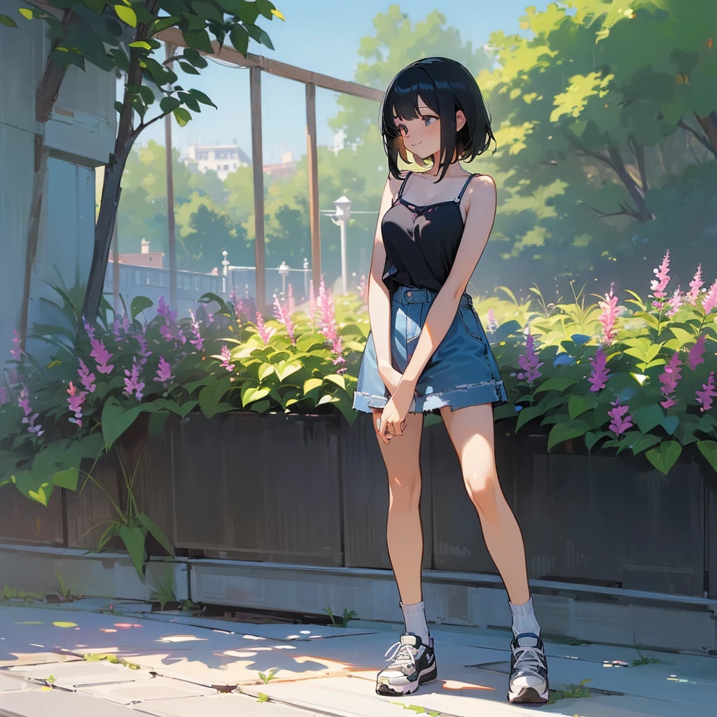 (high quality, High resolution, Very detailed, reality:1.37), Peaceful atmosphere, (Outdoor, garden), Teenage girl standing alone, (my breasts are big.), Beautiful details, Cute Smile, (Black bob hair), camisole, Denim skirt, Blue socks, sneakers.