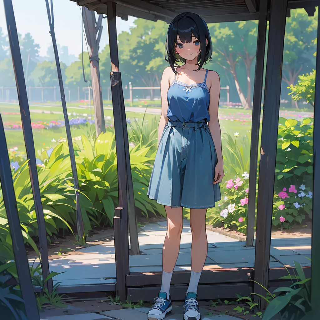 (high quality, High resolution, Very detailed, reality:1.37), Peaceful atmosphere, (Outdoor, garden), Teenage girl standing alone, (my breasts are big.), Beautiful details, Cute Smile, (Black bob hair), camisole, Denim skirt, Blue socks, sneakers.